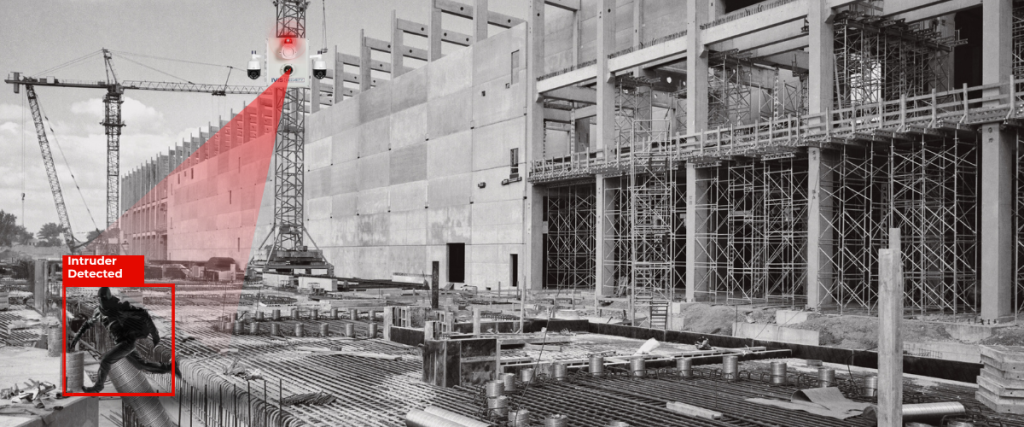 Construction site surveillance cameras detects intruder at construction site with alert