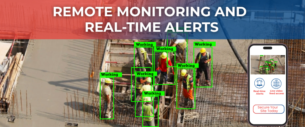 Construction workers detected on-site by a remote monitoring system with real-time alerts, live feed access, and mobile app — part of IVIS Security’s construction site surveillance solution.