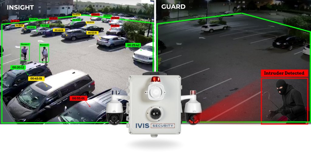 Day and night footage showing The Defender camera system tracking people and detecting an intruder for business security and remote video monitoring.