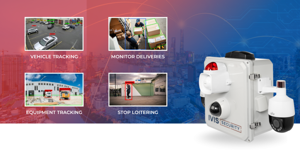 The Defender unit with features like vehicle tracking, delivery monitoring, and loitering prevention for commercial video surveillance and business security.