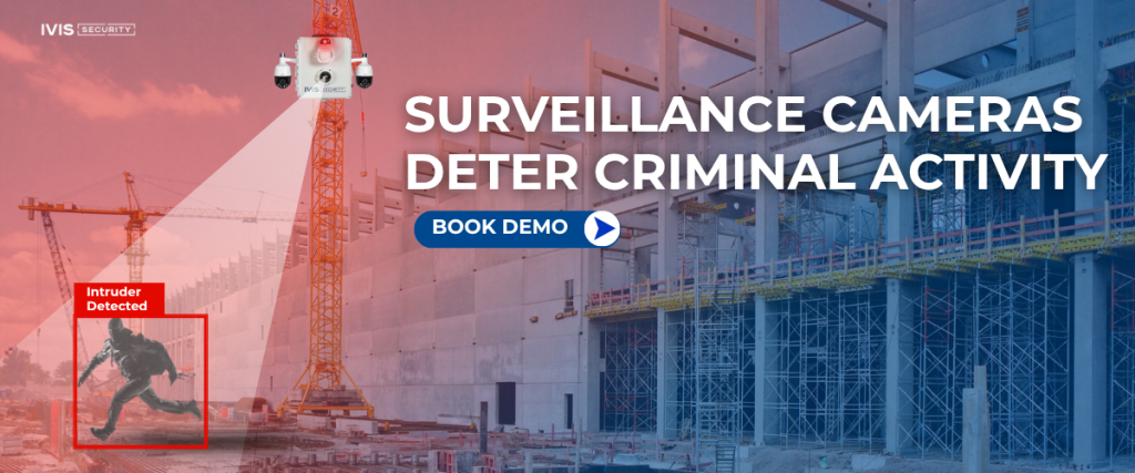 Intruder detected by construction site surveillance cameras with remote monitoring system.