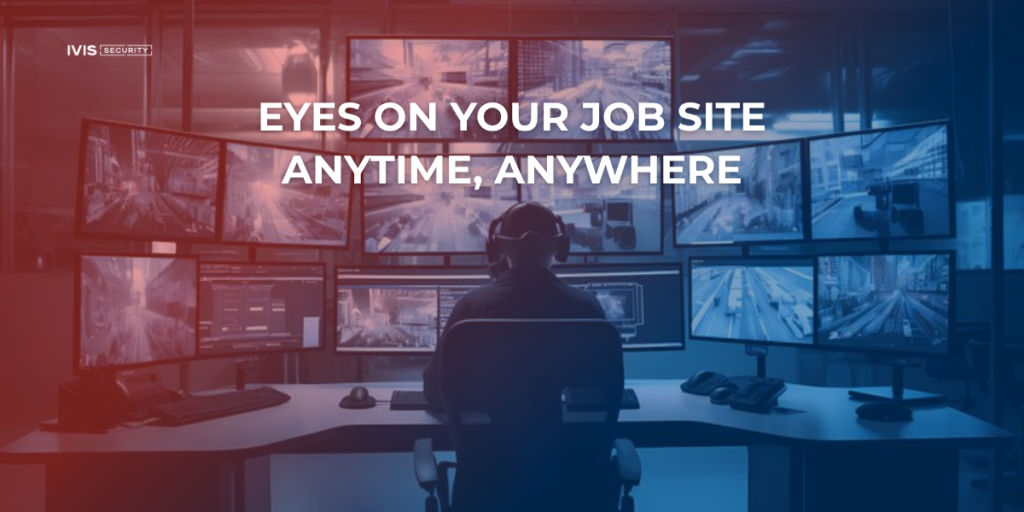 Remote monitoring center with operator watching multiple construction video surveillance feeds and job site camera footage.